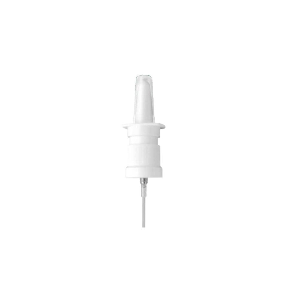 Applicateur de spray nasal blanc. Boîtier en plastique avec embout et pointe fine. Capuchon conique transparent.