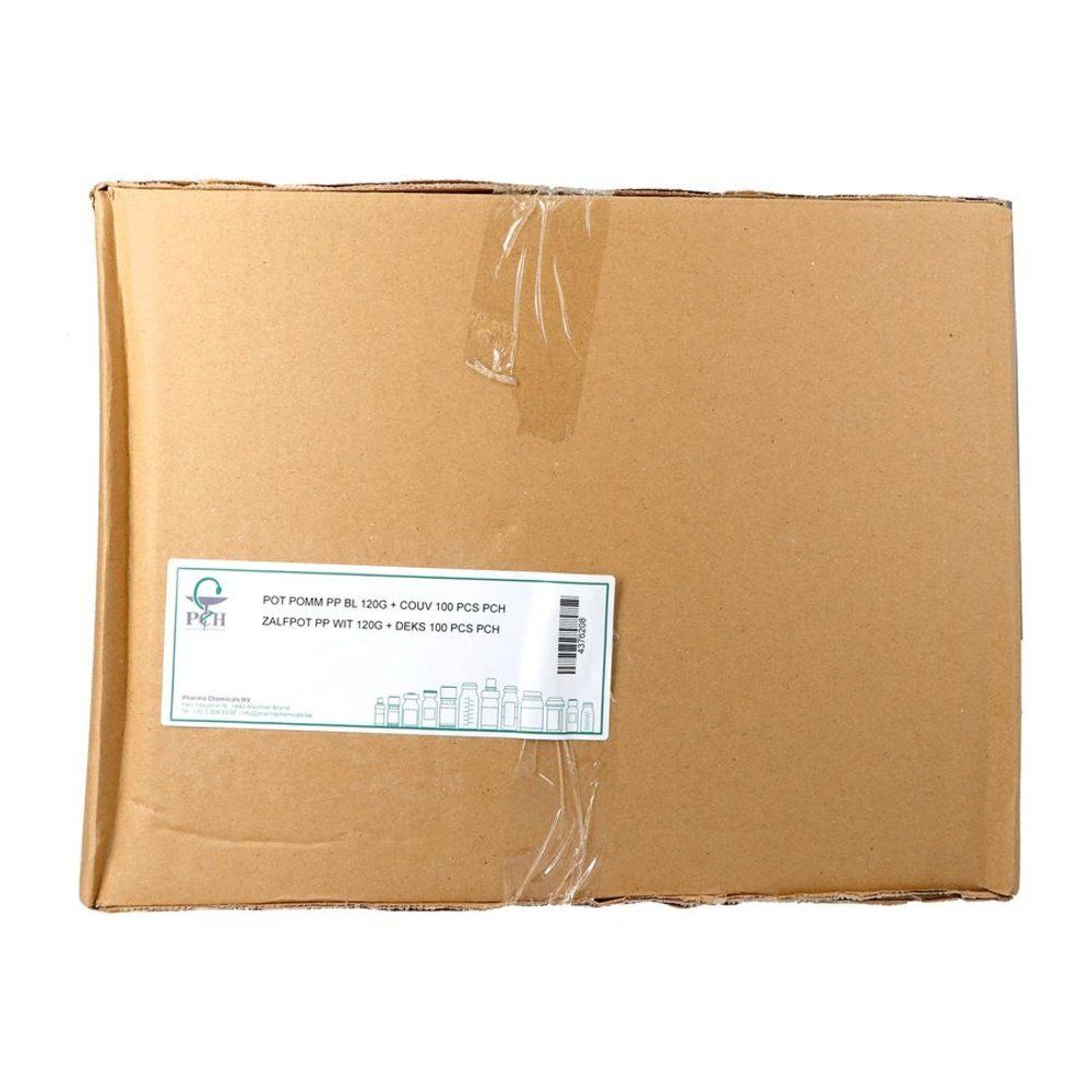 Emballage carton avec étiquette. Contient plusieurs pots. Texte: POT POMM BL 120G + COUV 100 PCS PCH.