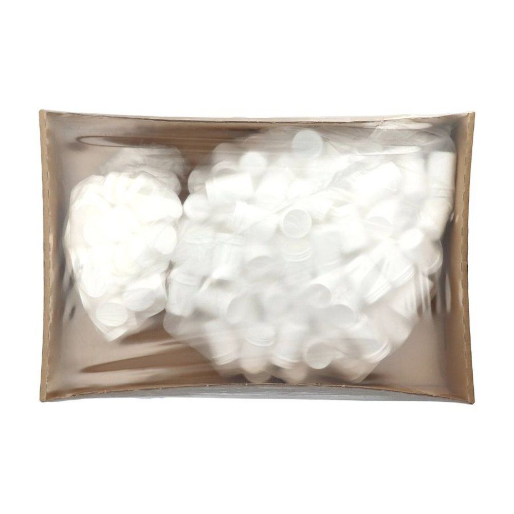 Transparante plastic zak met witte deksels en potten in een doos.