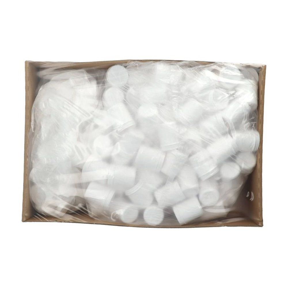 Carton contenant de nombreux pots et couvercles blancs. Emballé dans du film transparent.