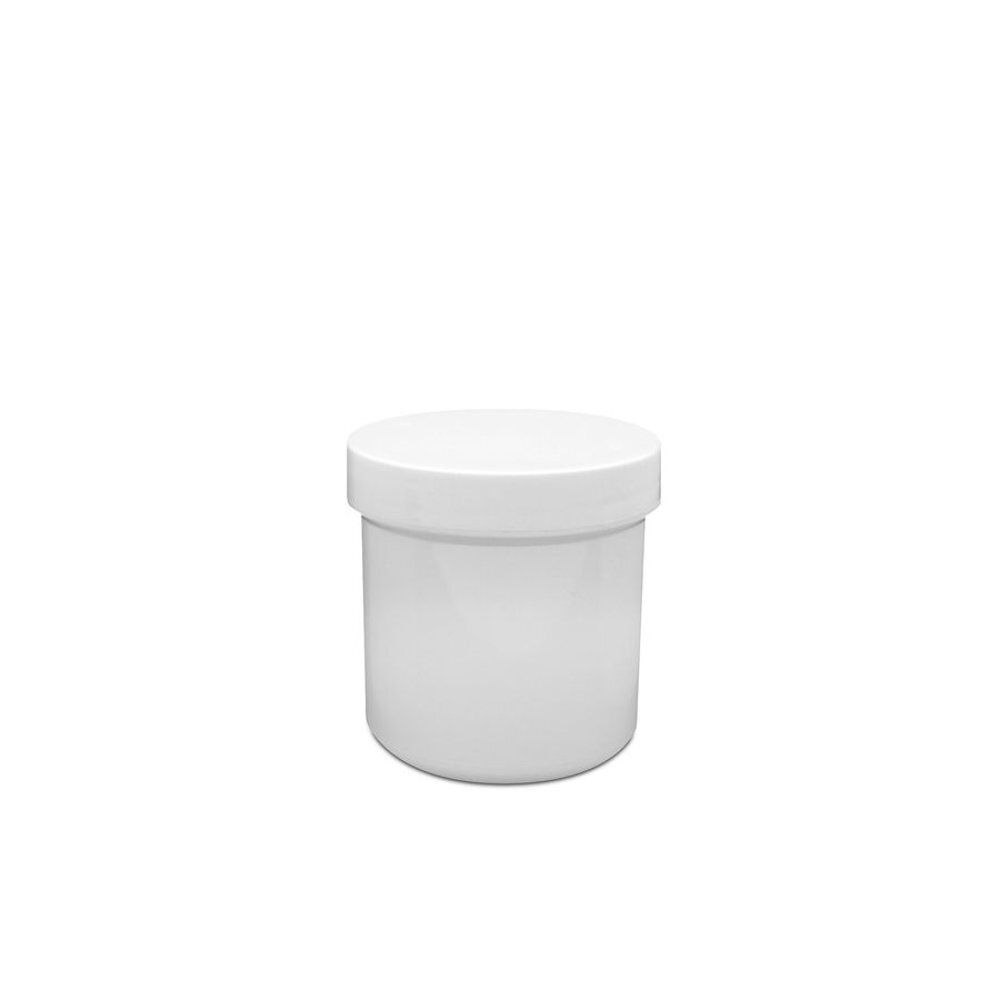 Witte pot met schroefdeksel. Cilindrische vorm. Gemaakt van kunststof.
