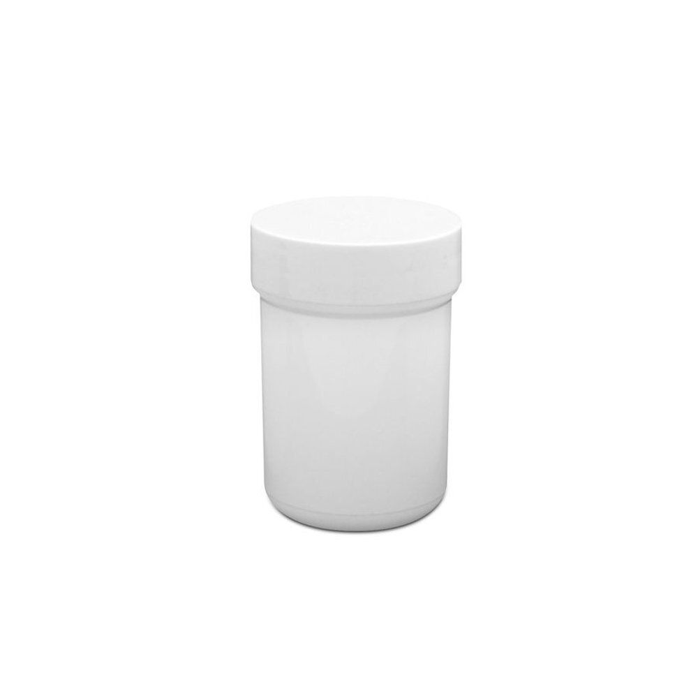 Pot à pommade blanc avec couvercle vissable. Forme cylindrique. Surface lisse. Sur fond blanc.