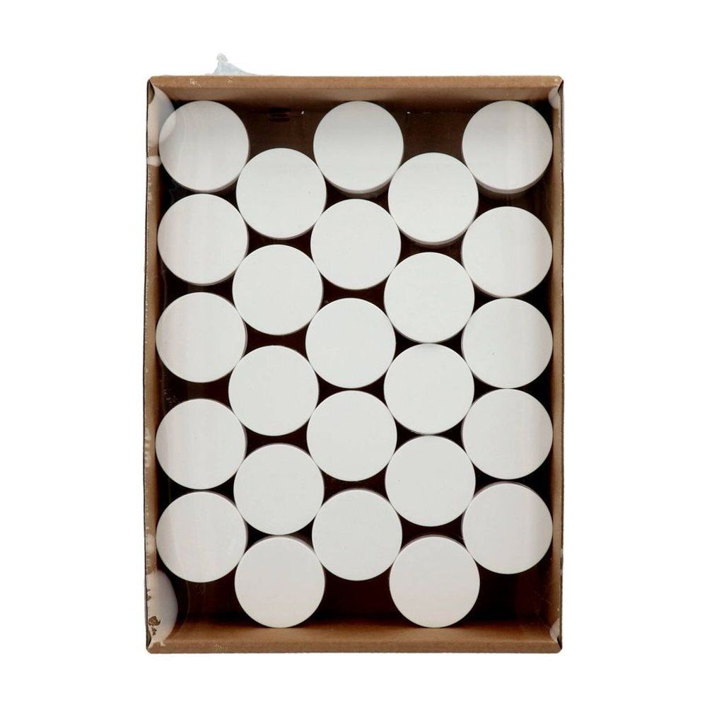 Doos met meerdere witte potten met schroefdeksels. Bovenaanzicht. Netjes gerangschikt.