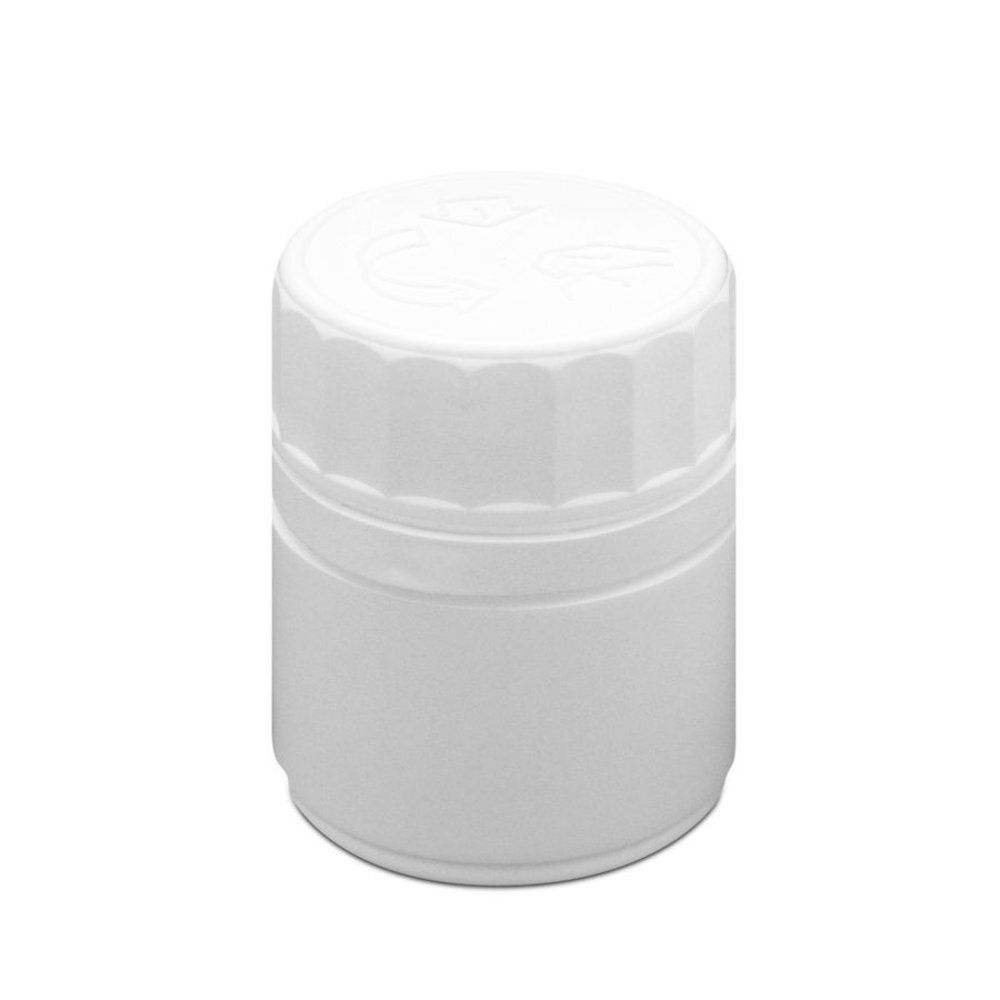 Pot à gélules blanc avec sécurité enfant. Forme cylindrique, couvercle cannelé. Symbole flèche et main sur le couvercle.