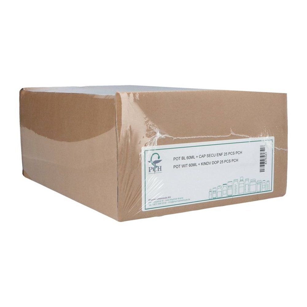Boîte en carton marron, emballée dans du plastique transparent. Étiquette avec texte: POT BL 60ML + CAP SECU ENF 25 PCS PCH.