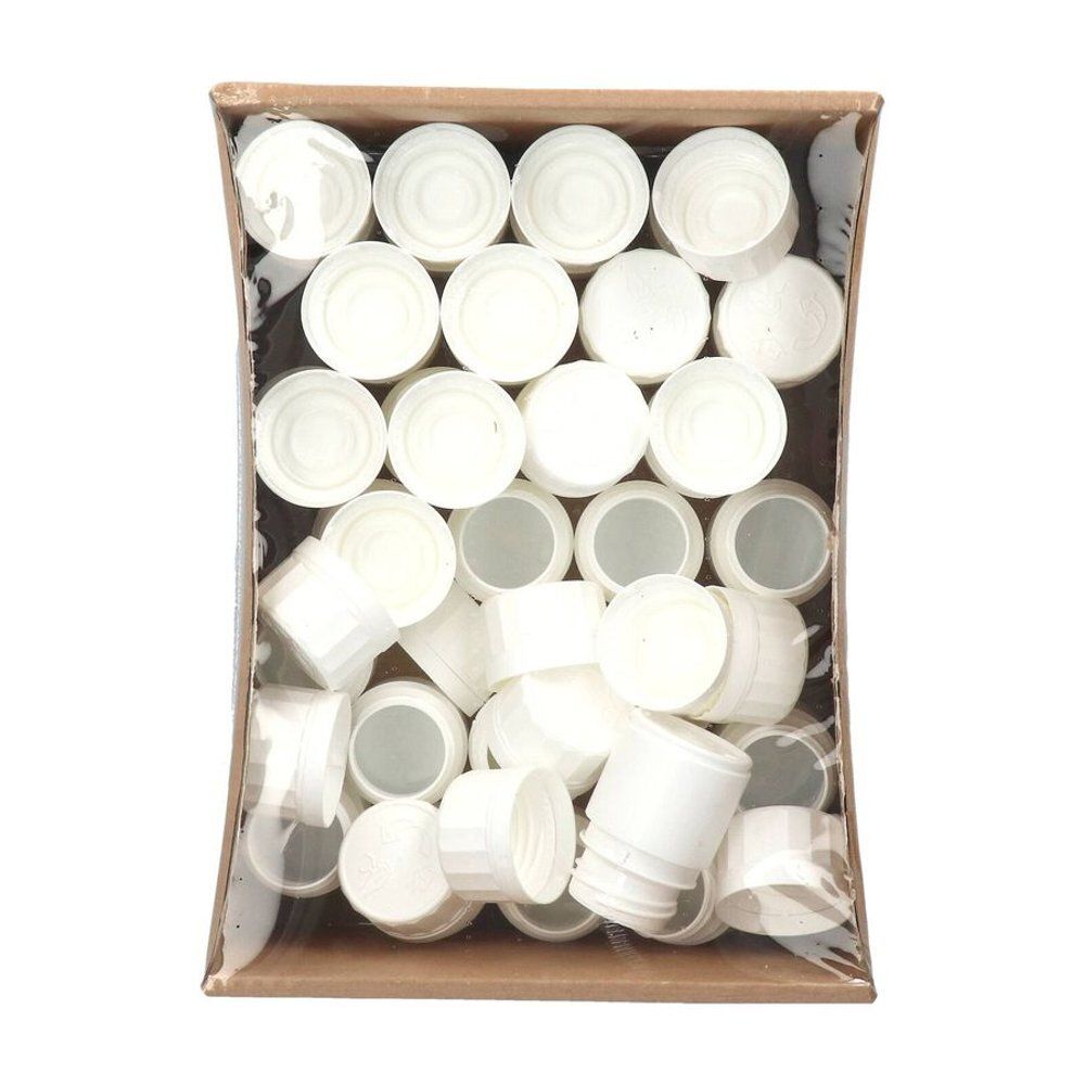Boîte en carton contenant des couvercles et des pots blancs. Emballage plastique transparent. Couvercles avec sécurité enfant.