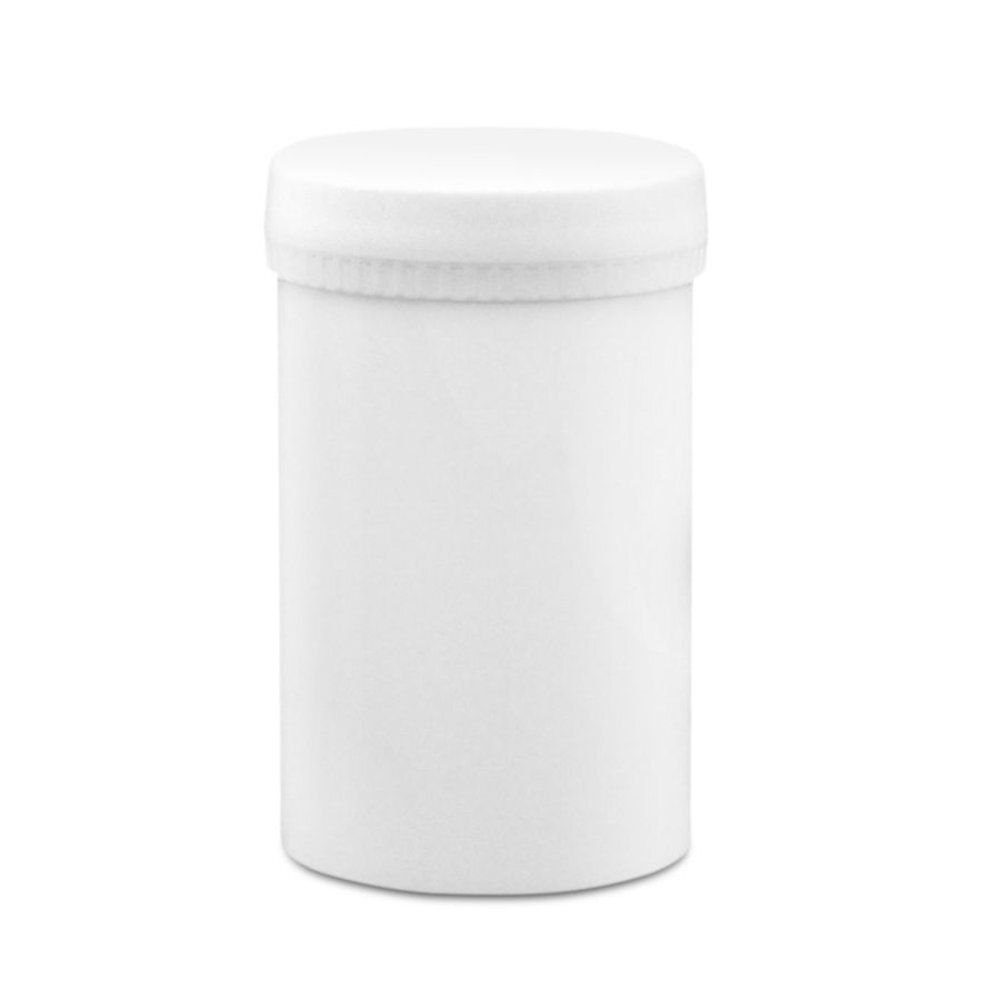 Witte, cilindrische pot met deksel. De deksel heeft een ring.