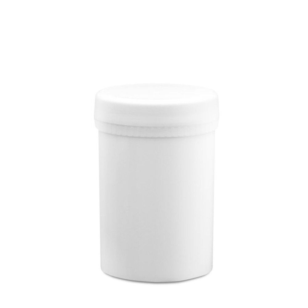Witte pot met deksel. Cilindrische vorm. Zichtbare veiligheidsring.