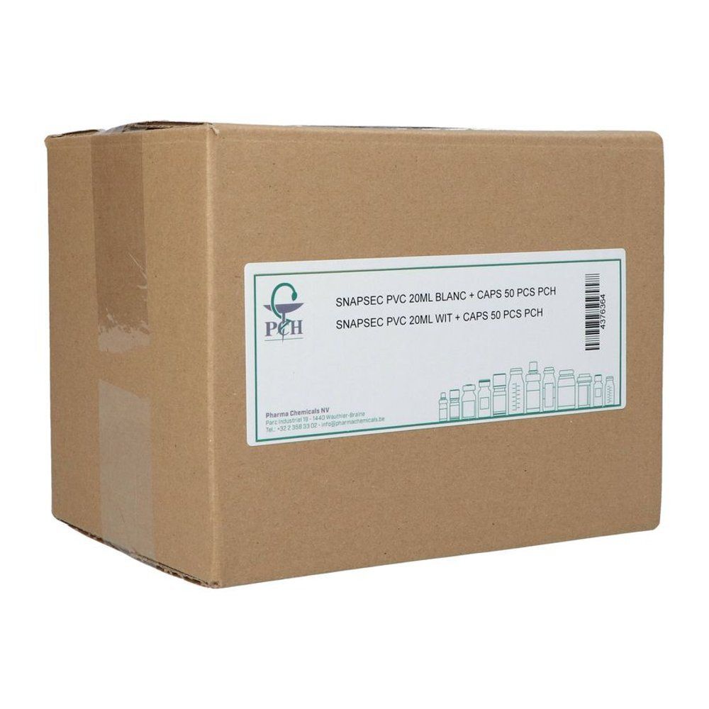 Bruine kartonnen doos met etiket. Tekst: SNAPSEC PVC 20ML BLANC. PCH logo.
