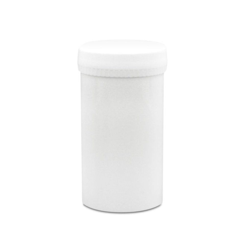 Witte, cilindrische pot met deksel. Veiligheidssluiting.
