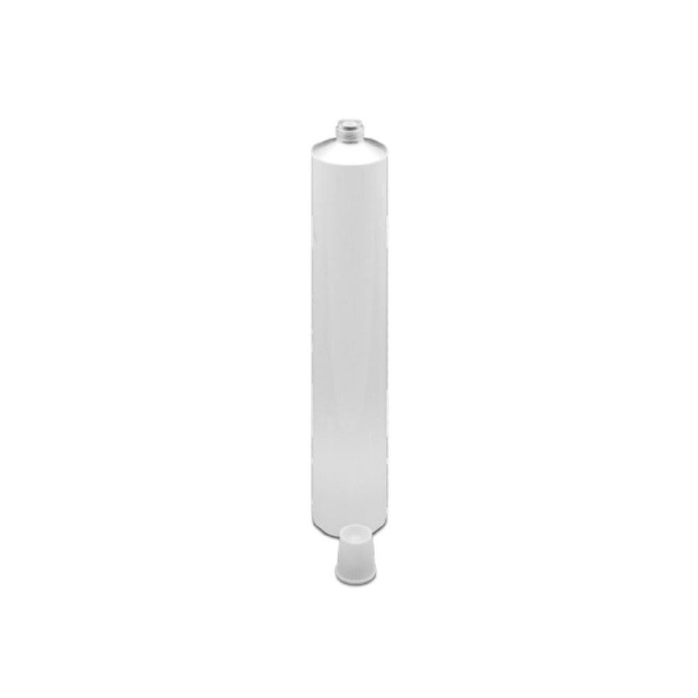 Tube en aluminium blanc avec bouchon séparé. Le tube est cylindrique et posé sur fond blanc.