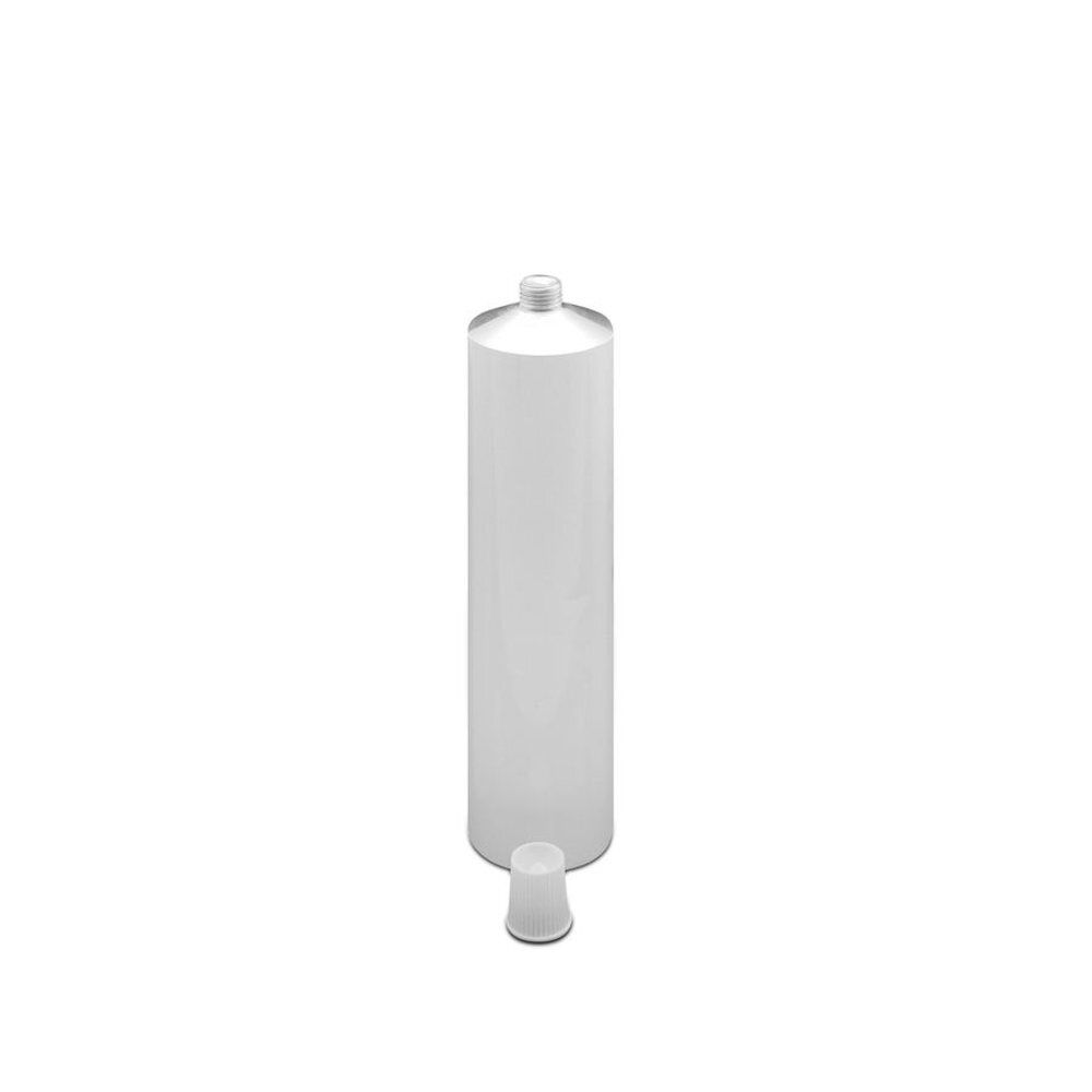 Tube cylindrique blanche avec bouchon dévissé. Tube en aluminium avec bouchon à vis et bouchon séparé.