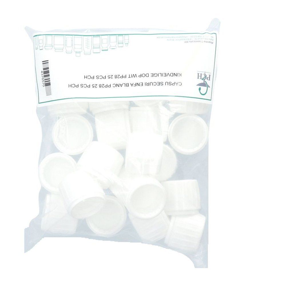 Zak met witte capsule doppen. Opschrift: CAPSU SECURI ENFA BLANC PP28 25 PCS PCH.