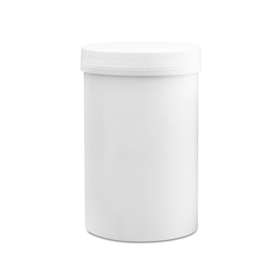 Récipient cylindrique blanc avec couvercle. Le récipient est de forme cylindrique et possède un couvercle blanc.