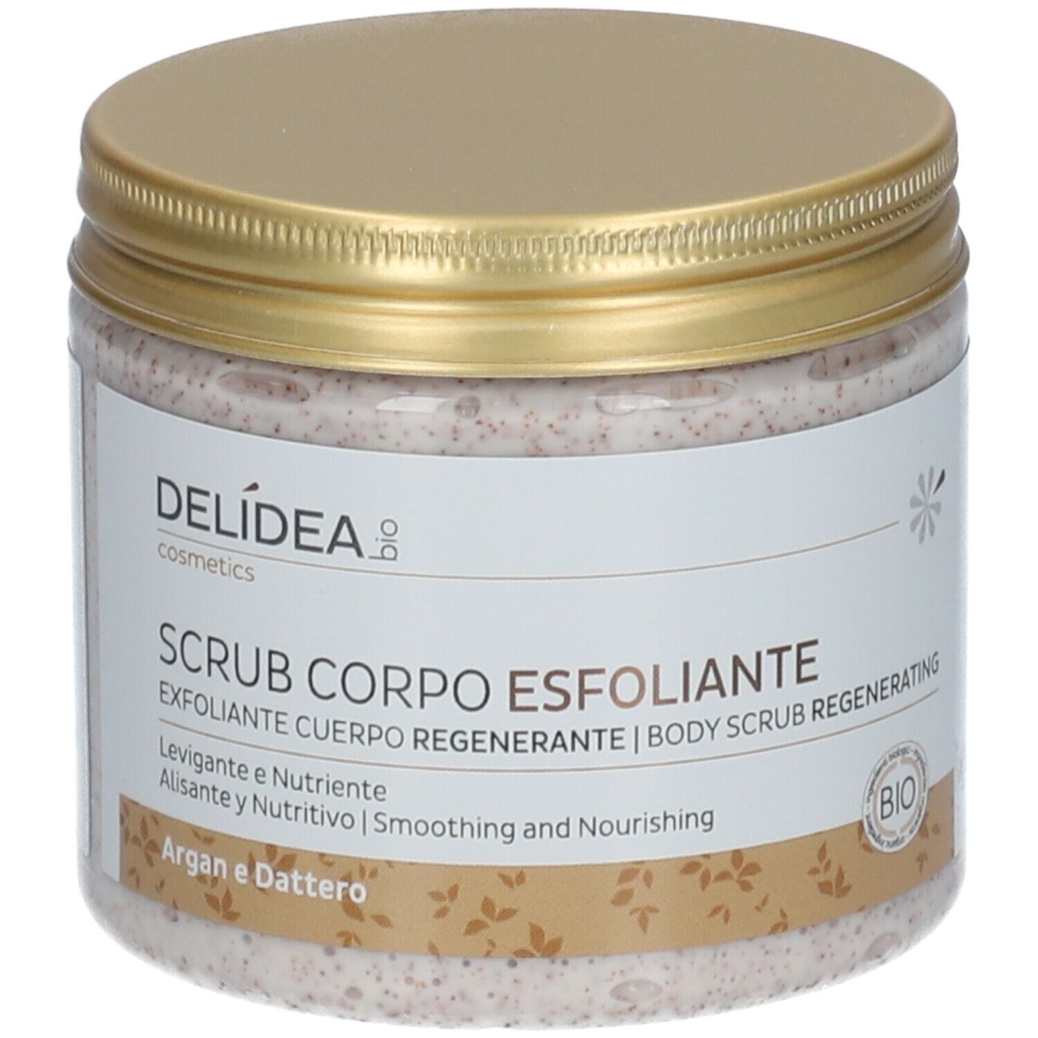 Glazen pot met gouden deksel. Opschrift Delidea, Scrub Corpo Esfoliante. Bio-label. Inhoud zichtbaar.
