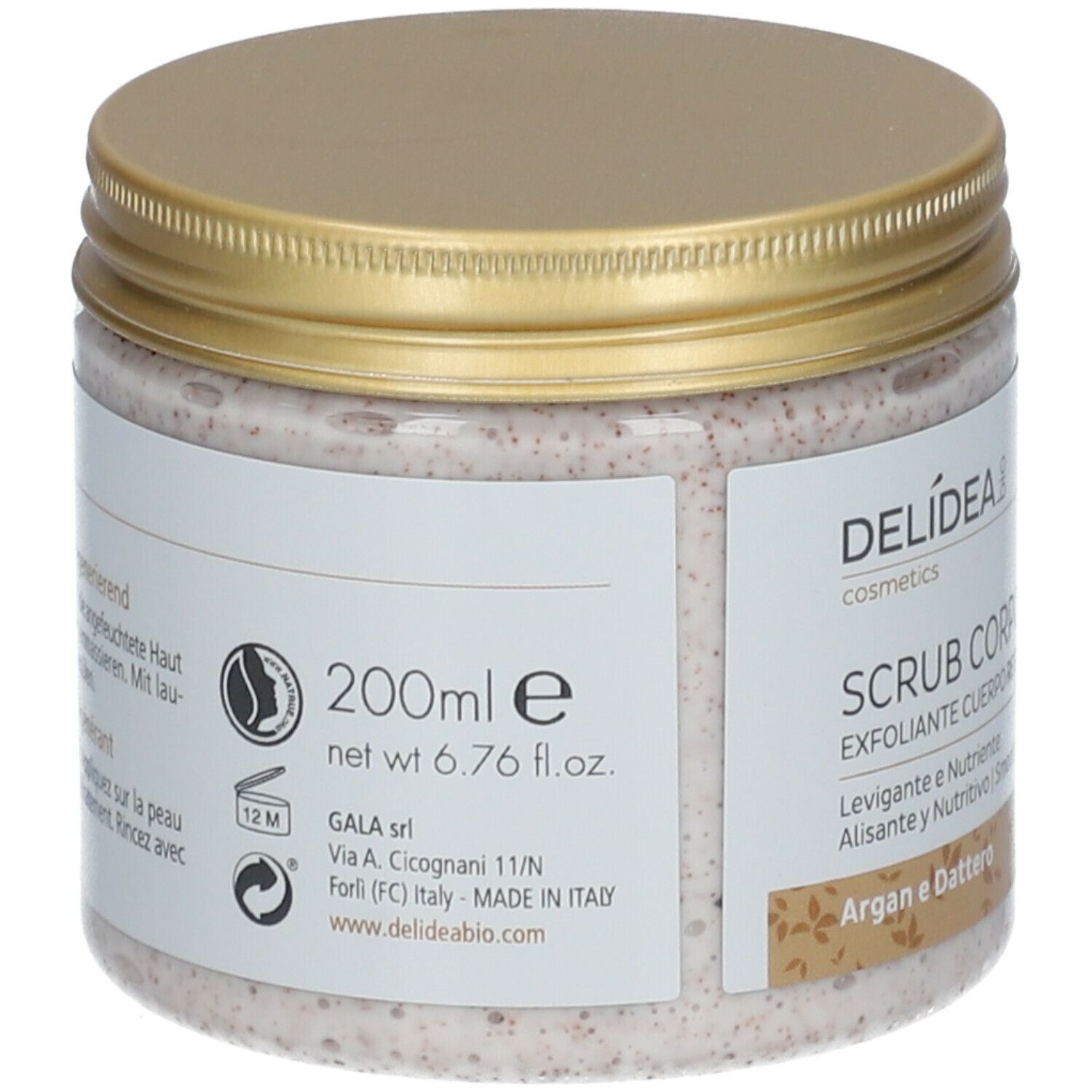Pot met gouden deksel. Opschrift Delidea. Achterkant met tekst en symbolen. 200ml, net 6.76 fl.oz.