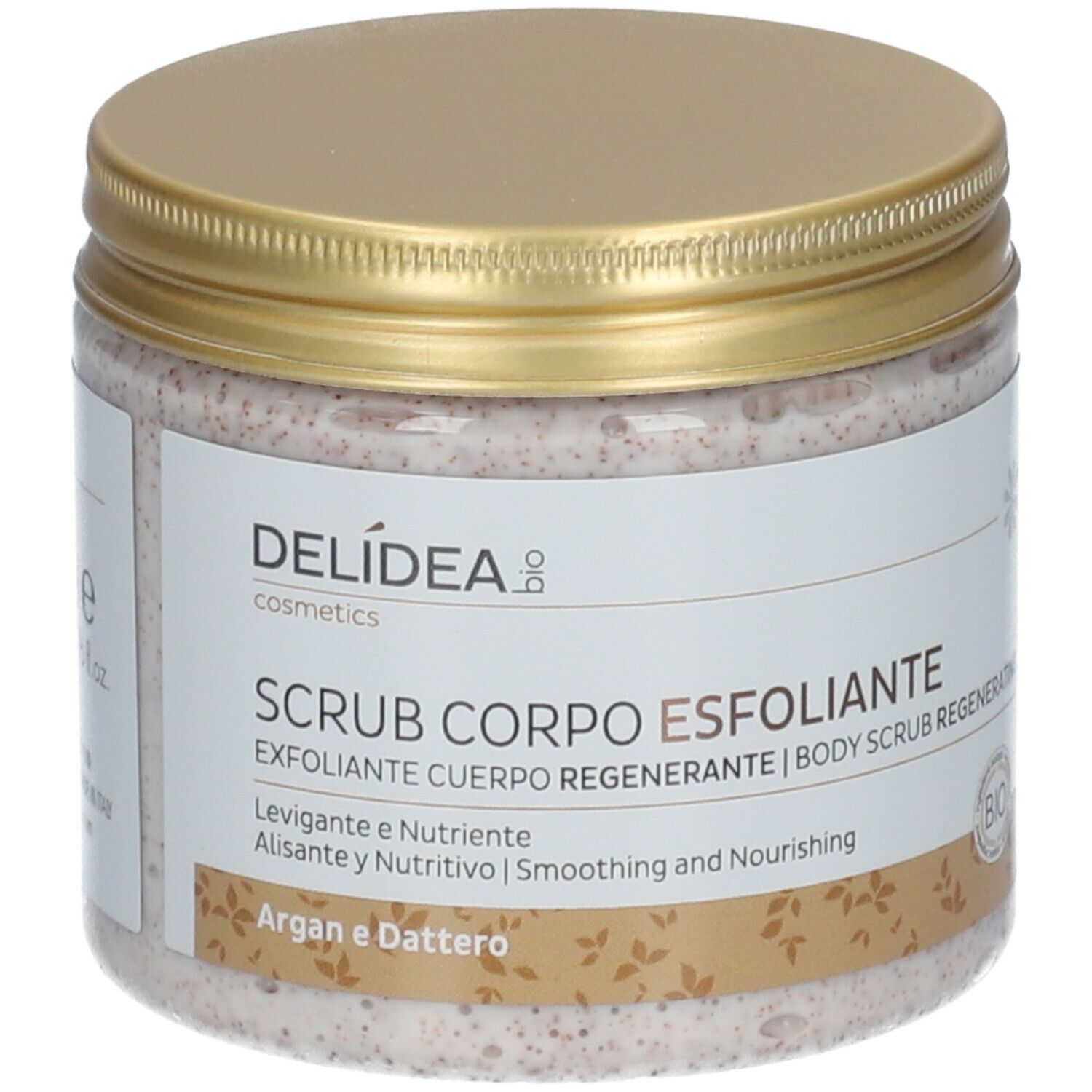Pot met gouden deksel. Opschrift Delidea, Scrub Corpo Esfoliante. Bio-label. Inhoud zichtbaar.