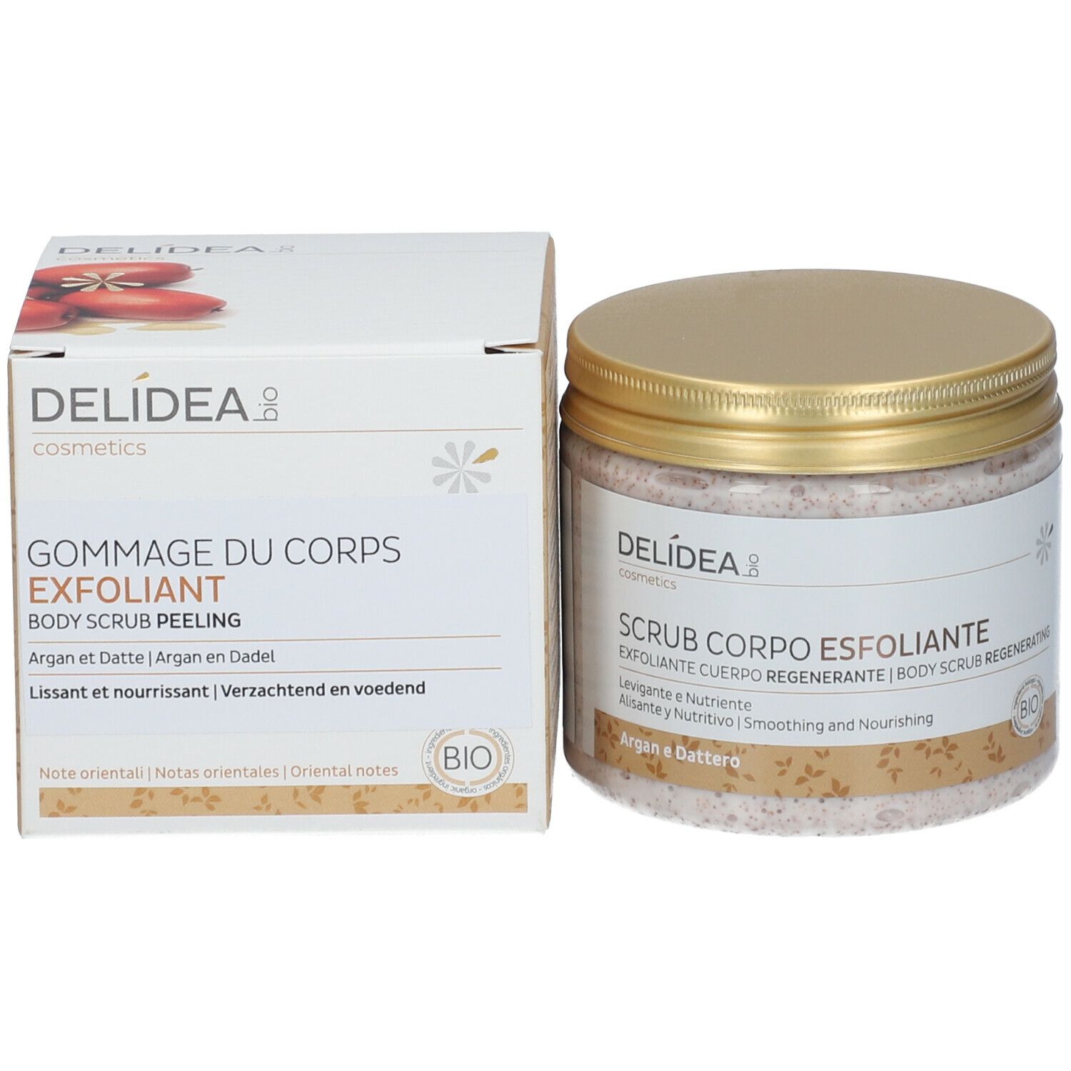 Verpakking en pot met gouden deksel. Opschrift Delidea, Gommage du Corps Exfoliant. Bio-label.