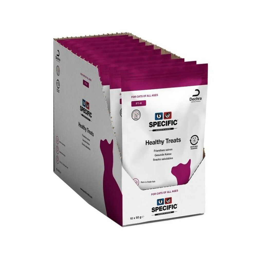 Boîte contenant des sachets pour chats. Inscription : Specific Healthy Treats. Contient 12 sachets. Marque : Dechra.