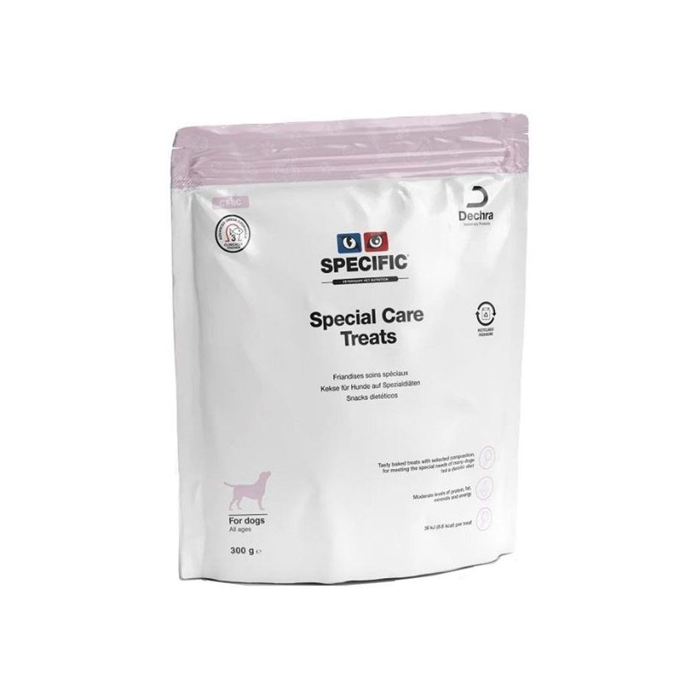 Zakje met "SPECIFIC Special Care Treats". Roze sluiting. Zwart logo en tekst. Voor honden.