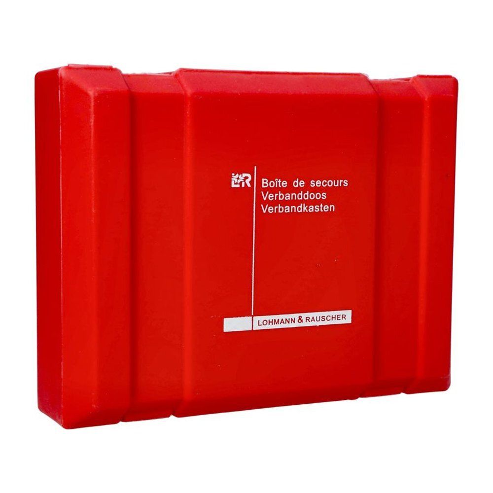 Rode verbanddoos. Opschrift: Boîte de secours, Verbanddoos, Verbandkasten. Logo en tekst: LOHMANN & RAUSCHER.