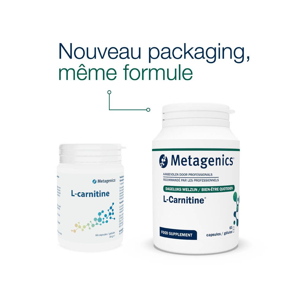 Deux flacons Metagenics L-Carnitine. Gauche: ancien design. Droite: nouveau design. Texte: Nouveau packaging.