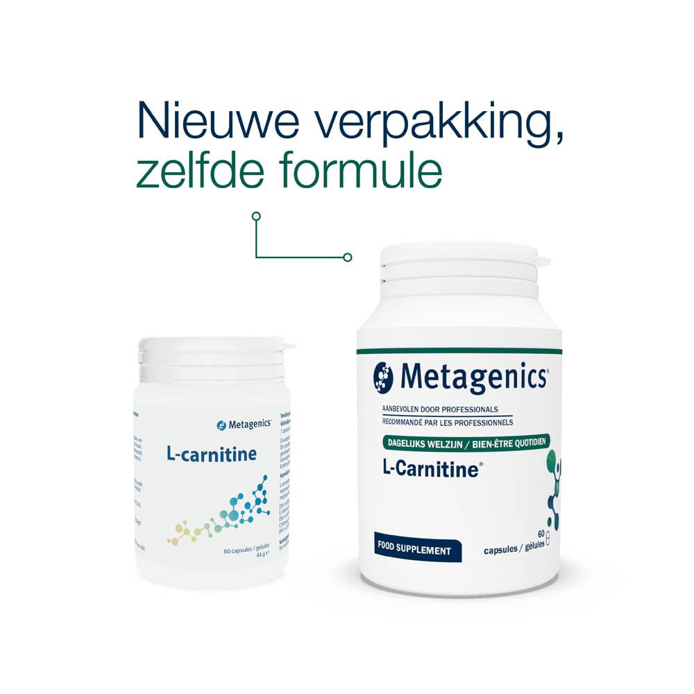 Metagenics L-Carnitine. Witte fles met capsules. Opschrift: L-Carnitine, 60 capsules.