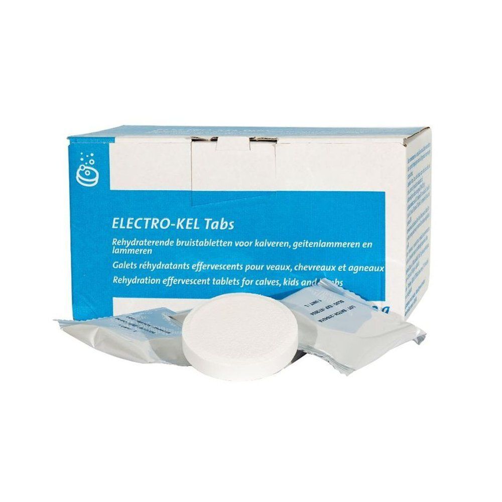 Comprimé effervescent blanc rond, à côté d'une boîte avec l'inscription ELECTRO-KEL Tabs. Emballage avec texte bleu.