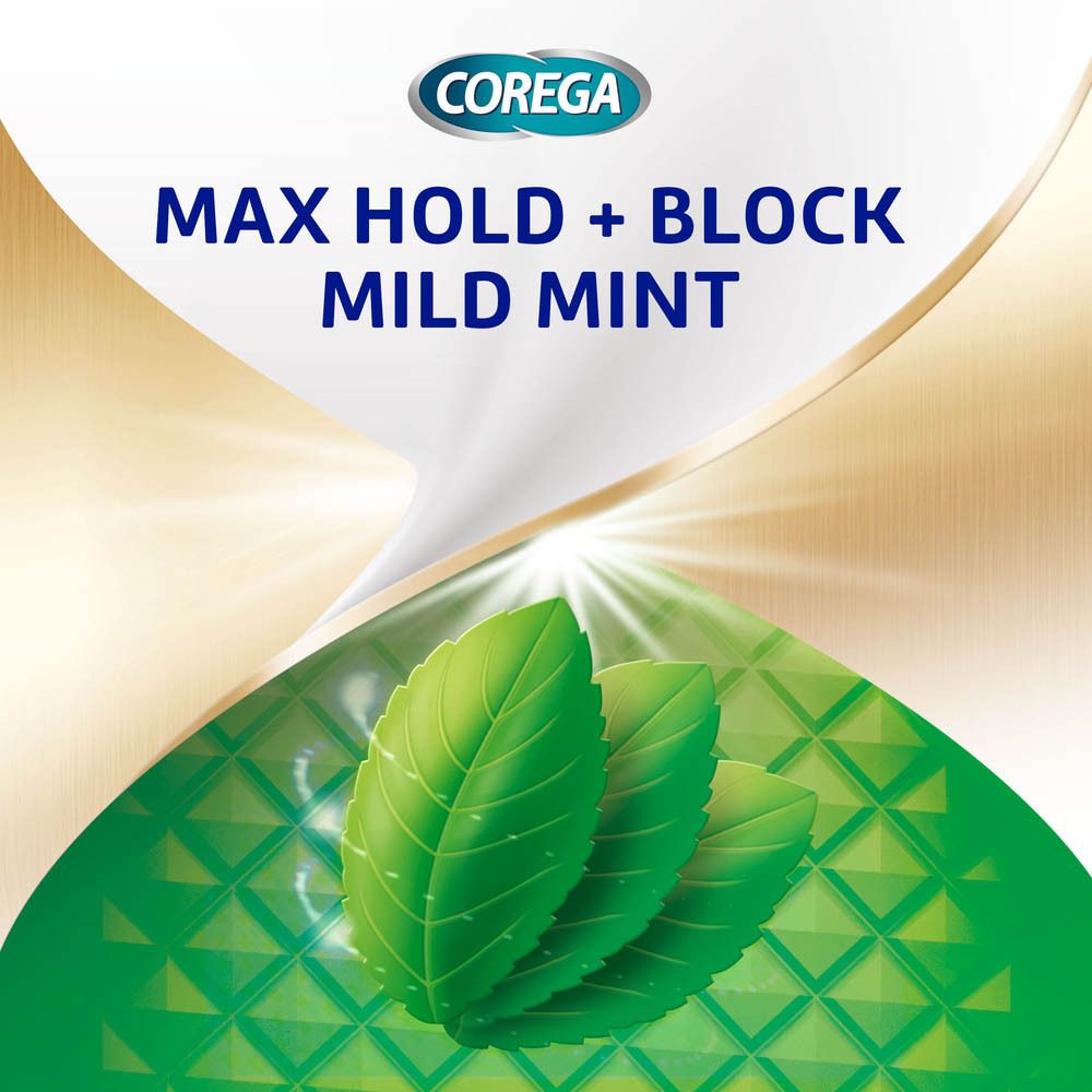 Logo COREGA. Texte: MAX HOLD + BLOCK MILD MINT. Feuilles vertes.