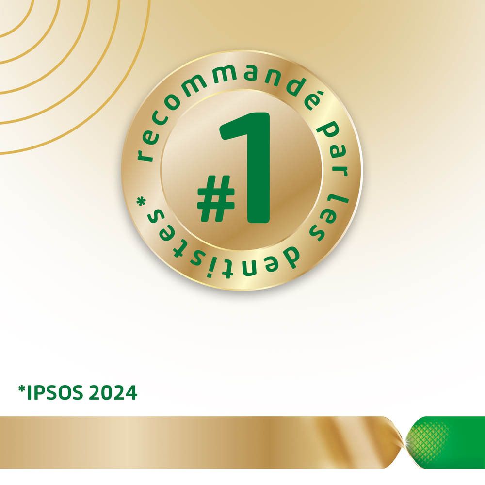 Cercle doré. Texte: #1 RECOMMANDÉ PAR LES DENTISTES. IPSOS 2024.