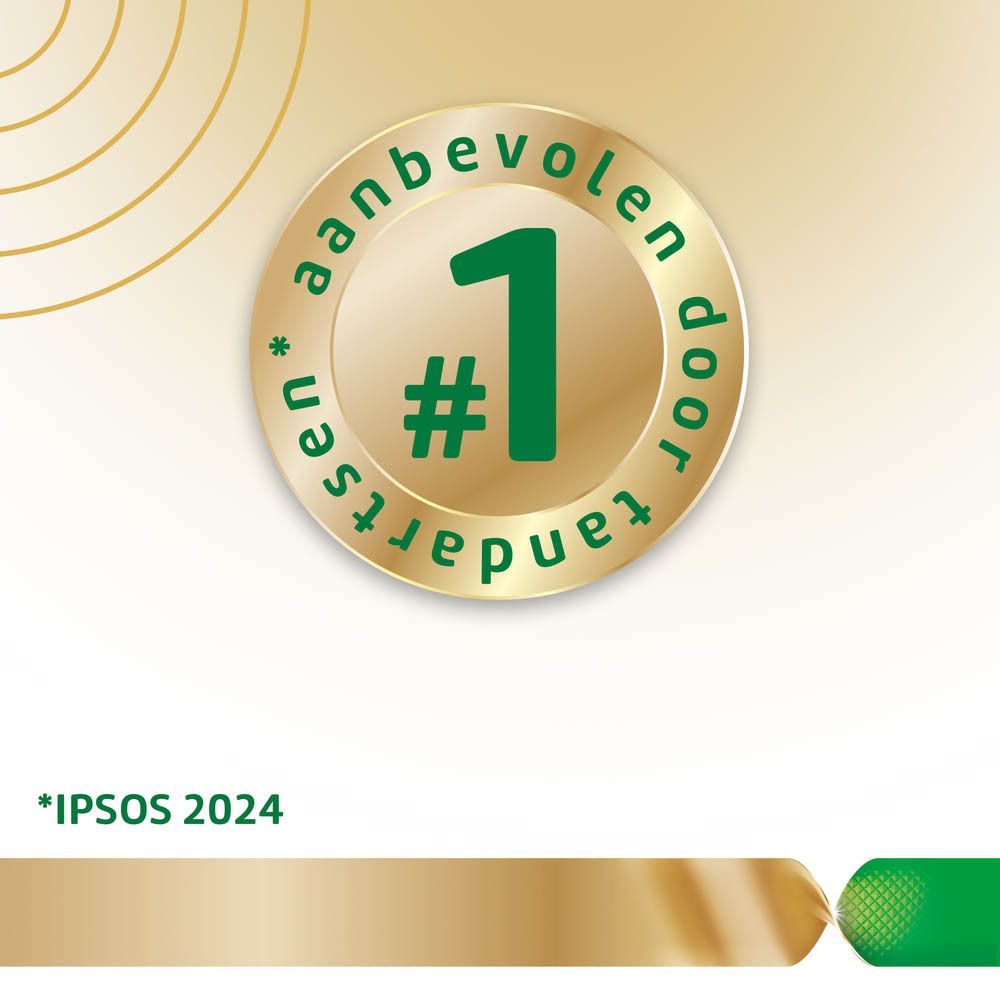 Gouden cirkel. Tekst: #1 AANBEVOLEN DOOR TANDARTSEN. IPSOS 2024.