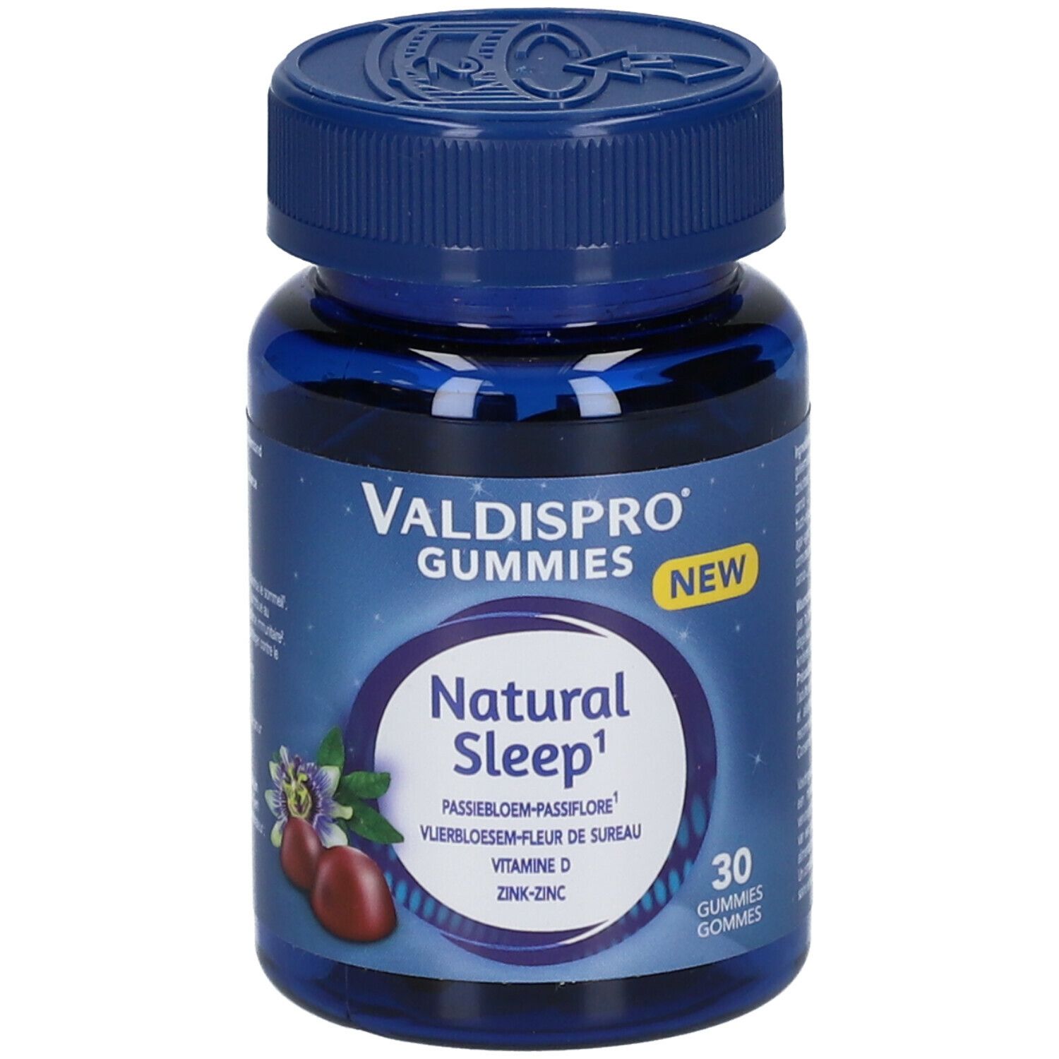 Blauwe fles Valdispro Gummies Natural Sleep. Opschrift: Natural Sleep, 30 gummies. Met bloemenillustratie.