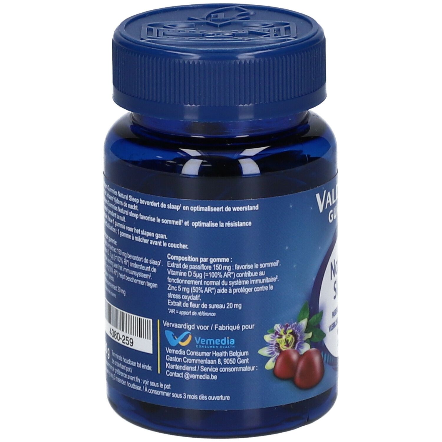 Achterkant blauwe fles Valdispro Gummies. Tekstinformatie, ingrediënten en fabrikant. Met bloemenillustratie.