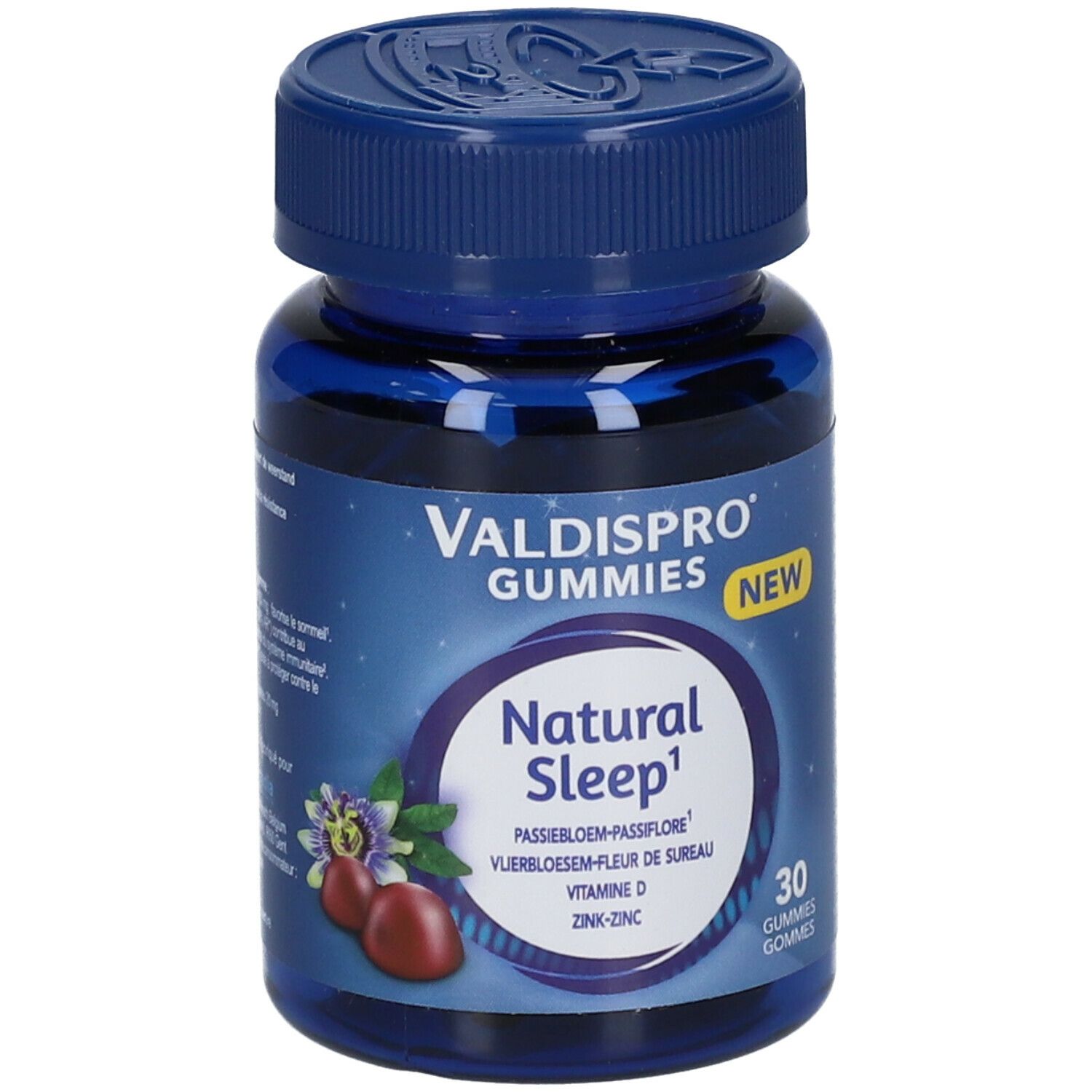 Blauwe fles Valdispro Gummies Natural Sleep. Opschrift: Natural Sleep, 30 gummies. Met bloemenillustratie.