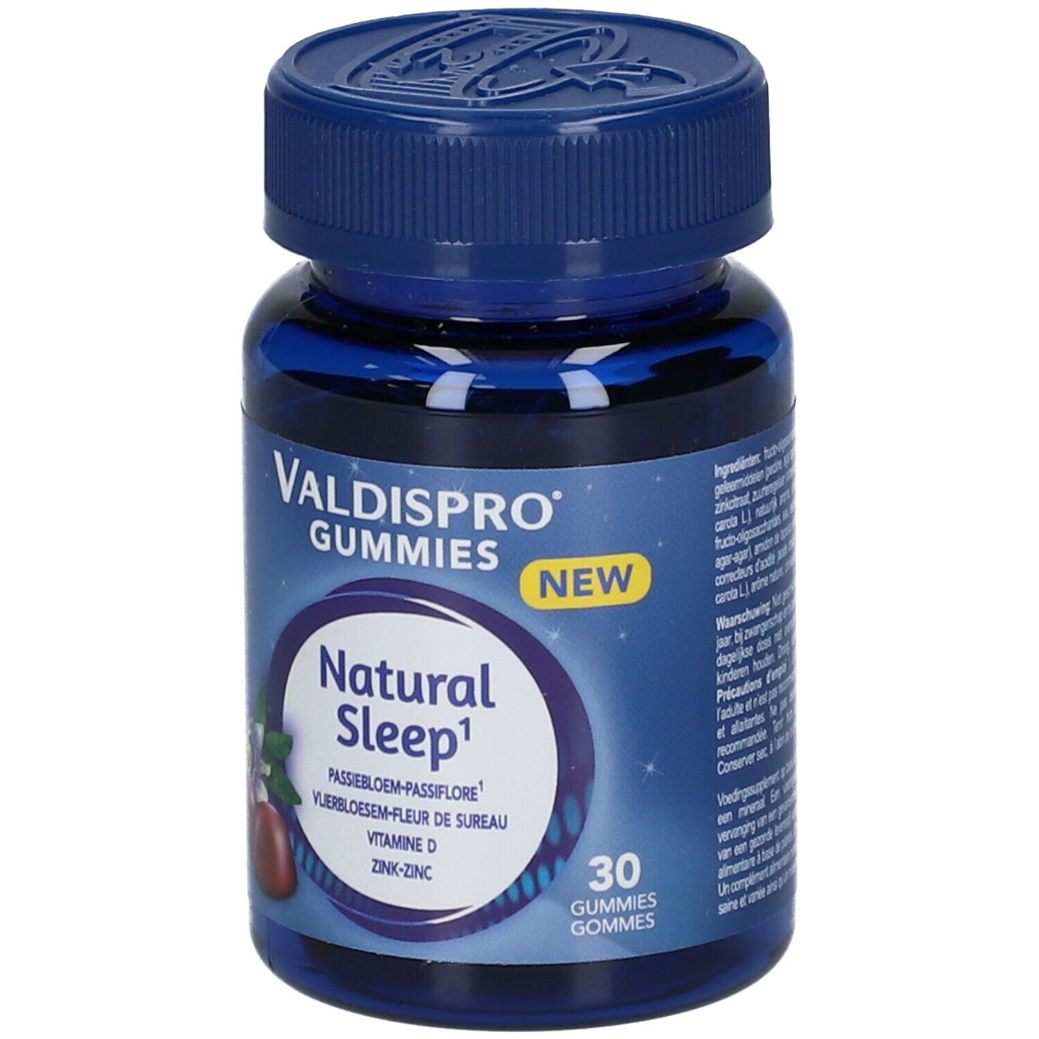 Blauwe fles Valdispro Gummies Natural Sleep. Opschrift: Natural Sleep, 30 gummies. Met bloemenillustratie.