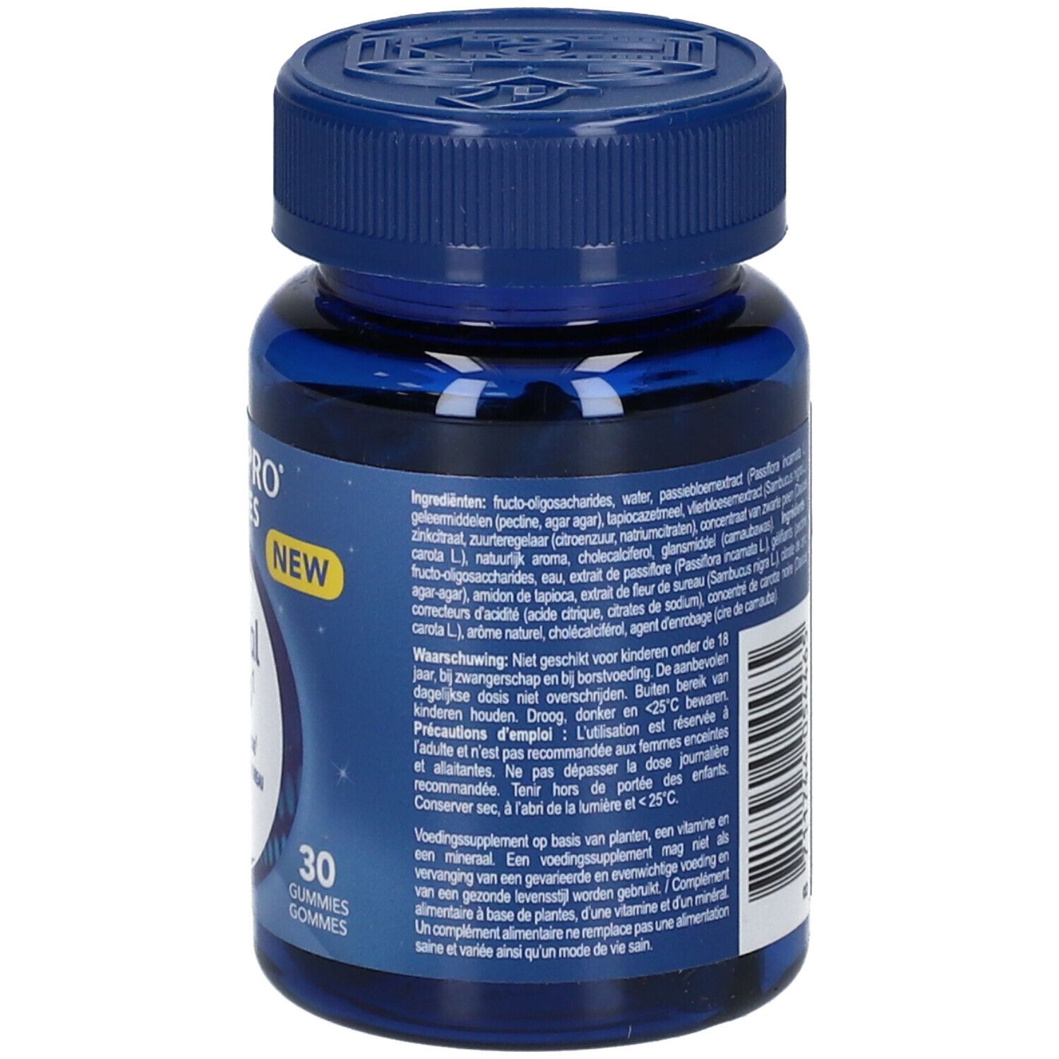 Achterkant blauwe fles Valdispro Gummies. Tekstinformatie, ingrediënten en fabrikant. Met bloemenillustratie.