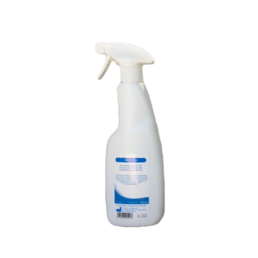 Witte sprayfles met blauw etiket. Productnaam Alcosol zichtbaar. Witte sproeikop.