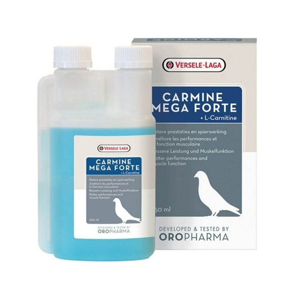 Emballage et flacon. Inscription: Carmine Mega Forte + L-Carnitine. 250 ml. Marque: Versele-Laga.