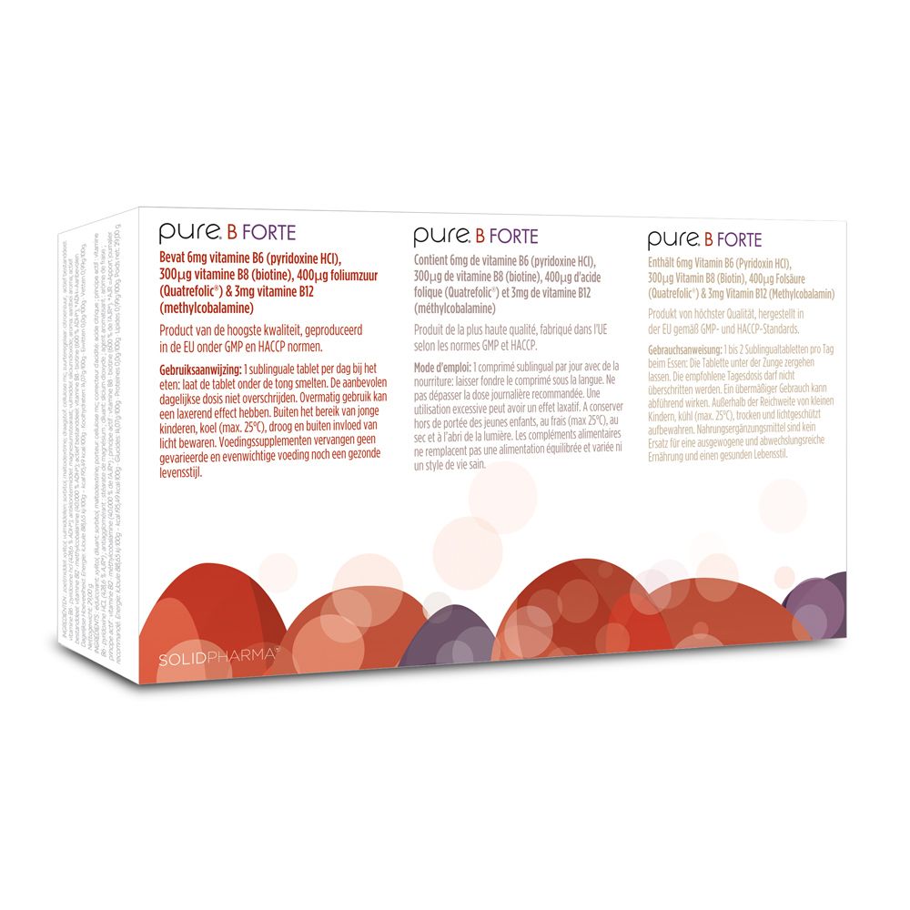 Dos de la boîte avec informations produit en trois langues. Contient des informations sur les vitamines.