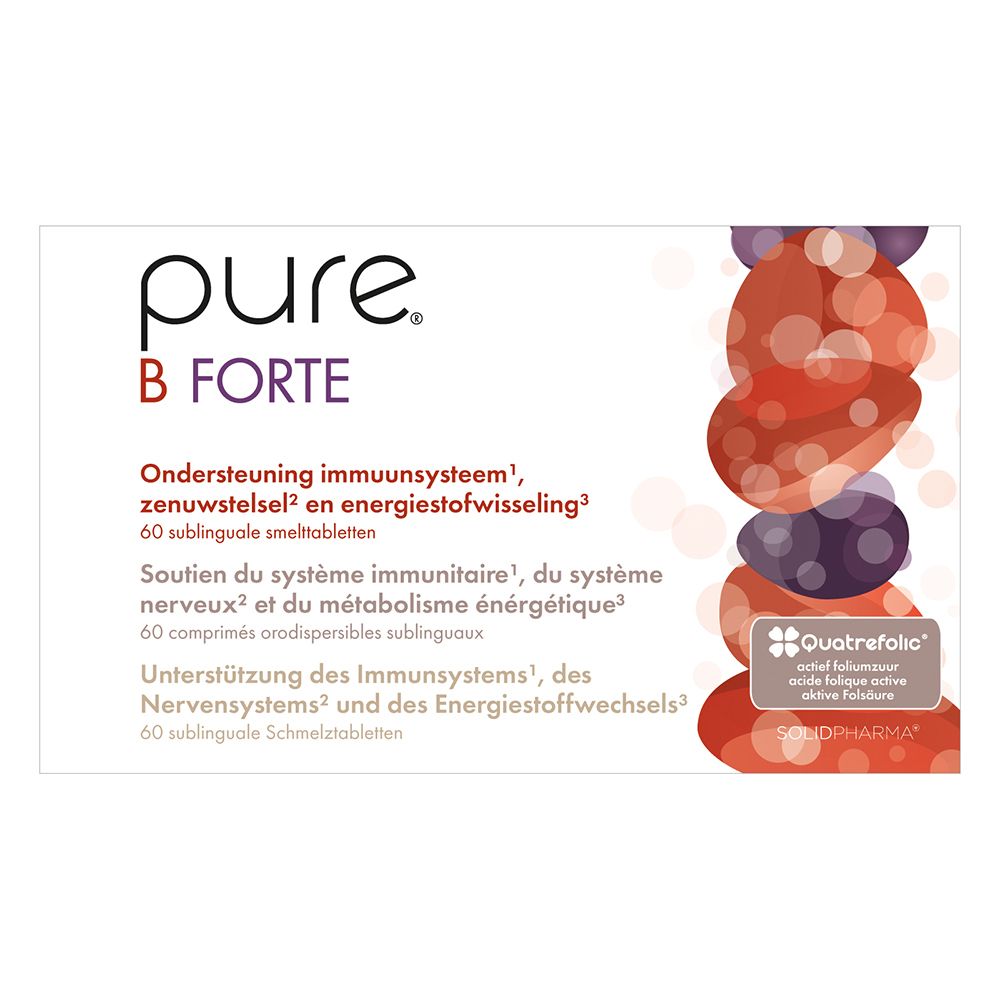 Boîte blanche avec nom et texte du produit. Représentation de formes rouges et violettes. 60 comprimés.