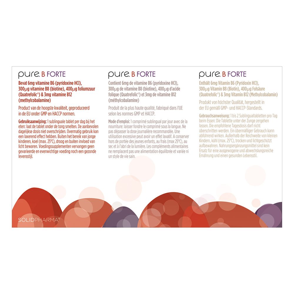 Achterkant van de doos met productinformatie in drie talen. Bevat informatie over vitaminen.