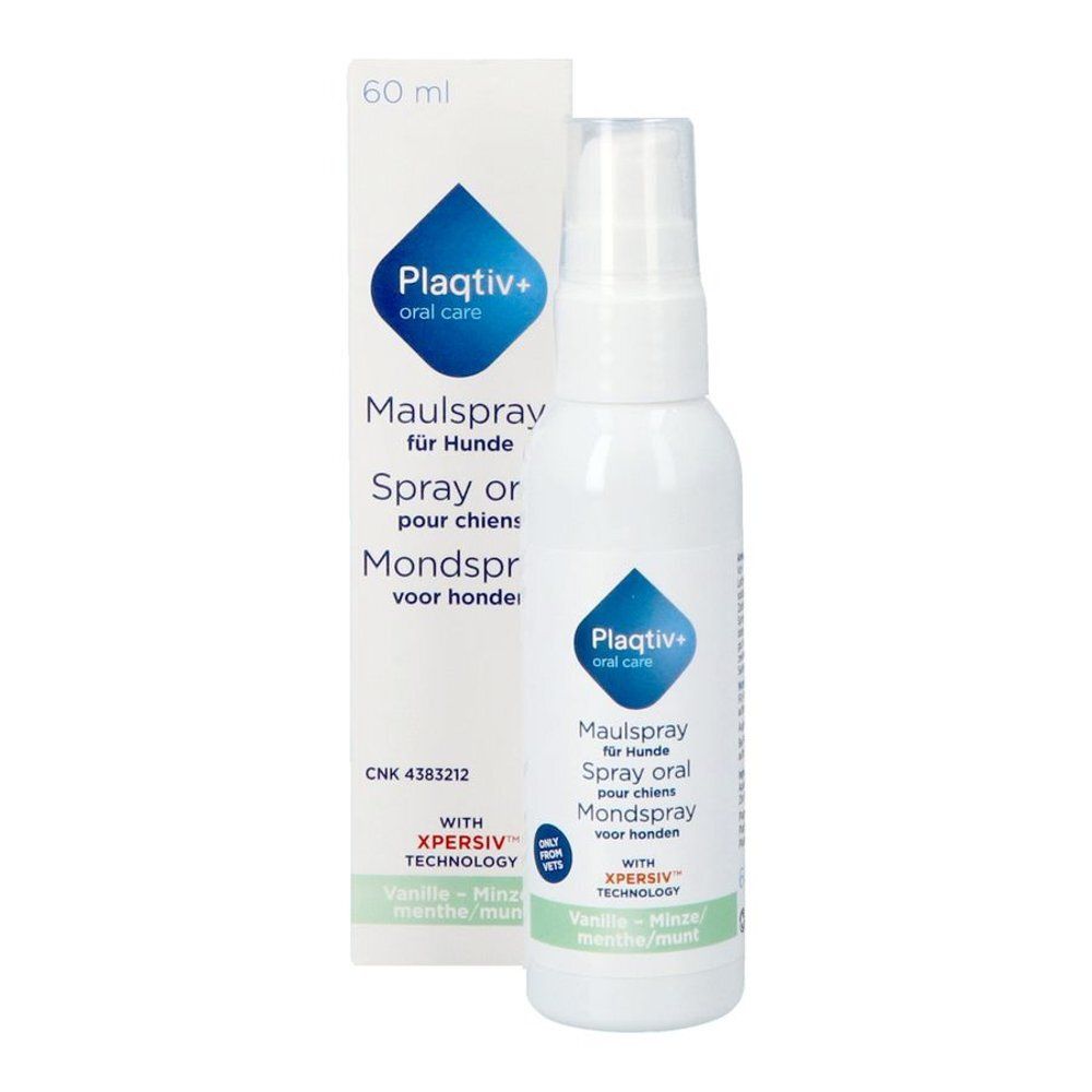 Spray blanc avec tête de pulvérisation et emballage. Sur l'emballage : Plaqtiv+ oral care, Maulspray für Hunde, 60 ml. Avec technologie Xpersiv.