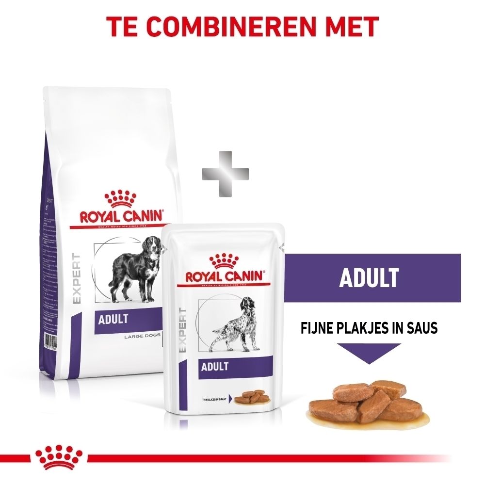 Royal Canin hondenvoer: zak droogvoer en kuipje natvoer voor volwassen honden.