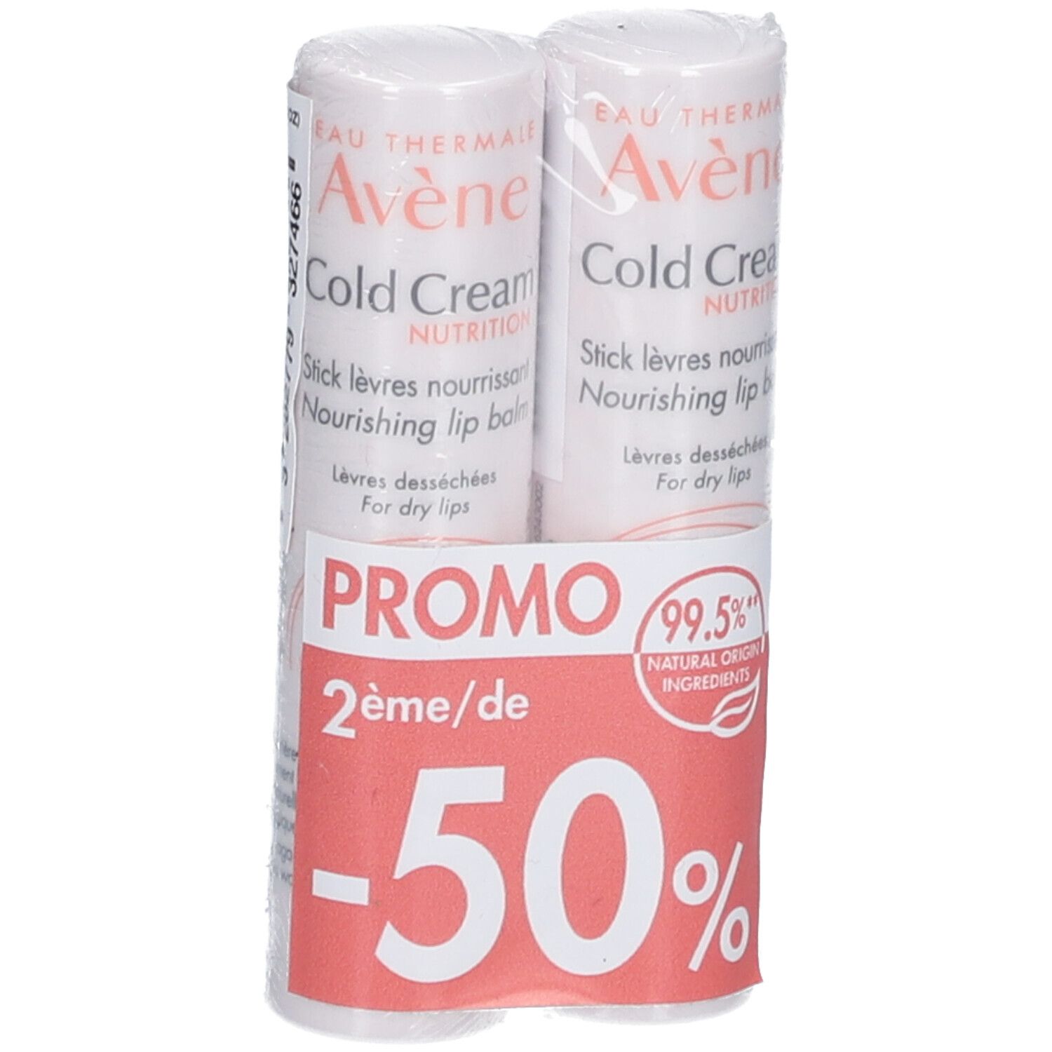 Twee Avène Cold Cream lippenbalsemsticks in promotieverpakking, 2e met 50% korting.