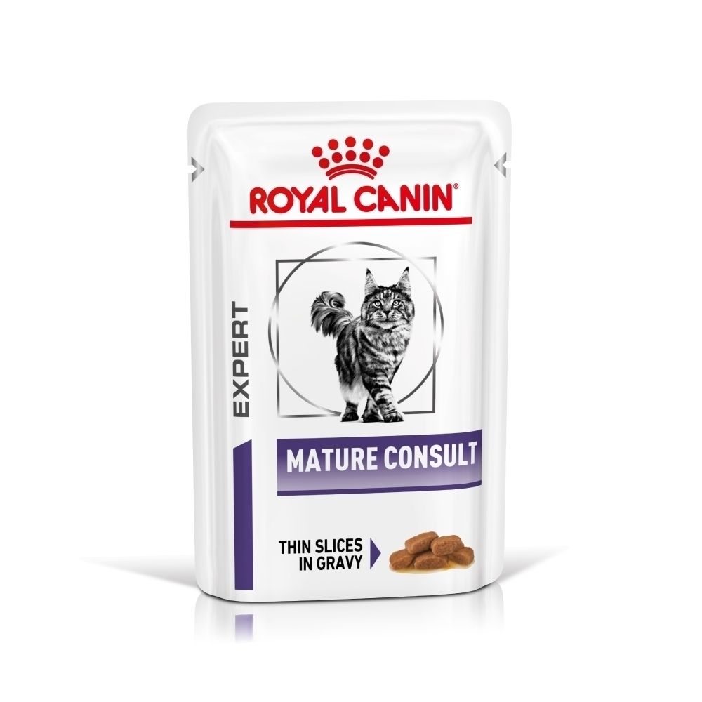 Verpakking ROYAL CANIN® Mature Consult Sauce Chat met brokjes.