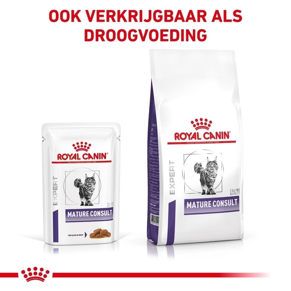 Verpakking ROYAL CANIN® Mature Consult Sauce Chat met brokjes.