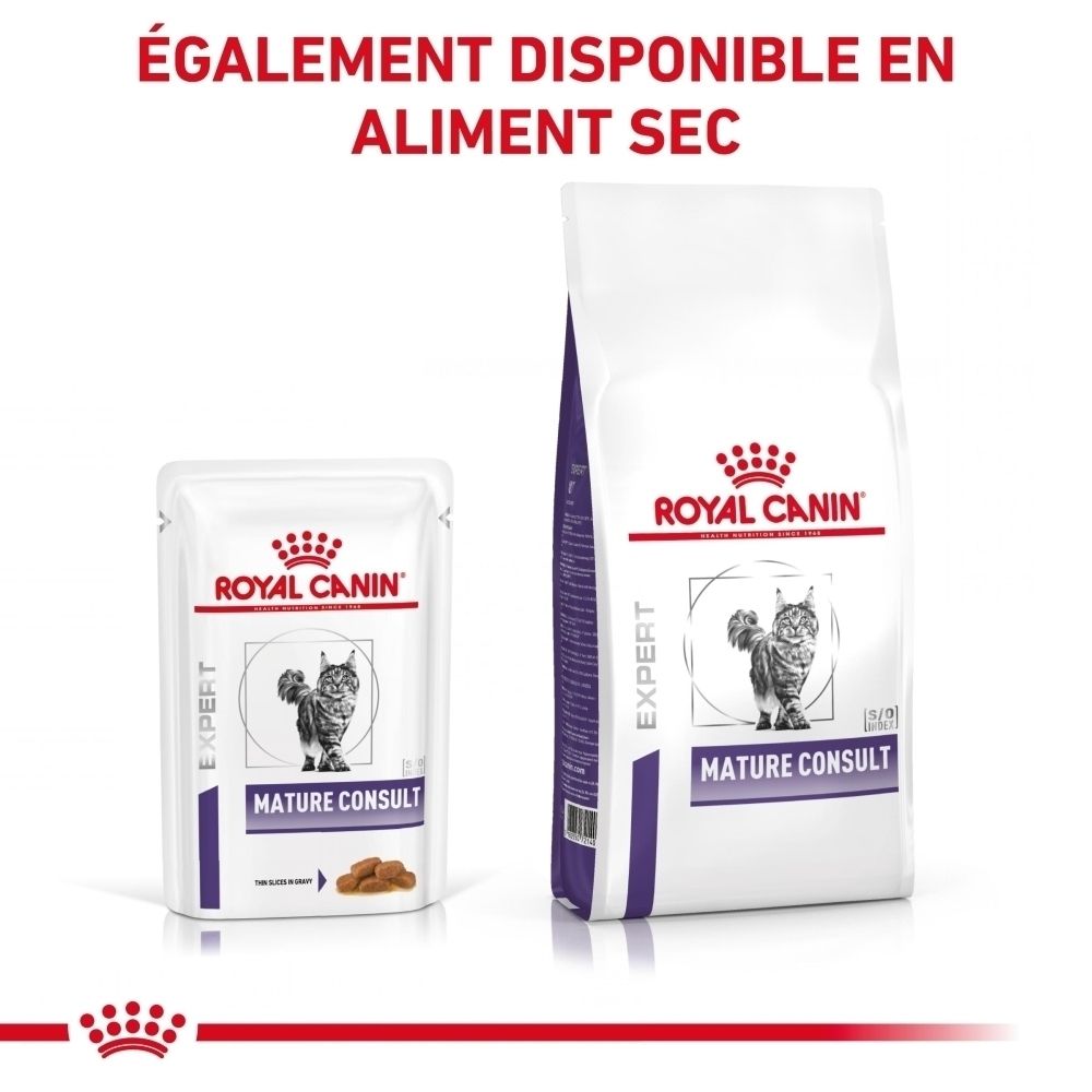 Deux paquets de ROYAL CANIN® Mature Consult Sauce Chat : un petit et un grand.