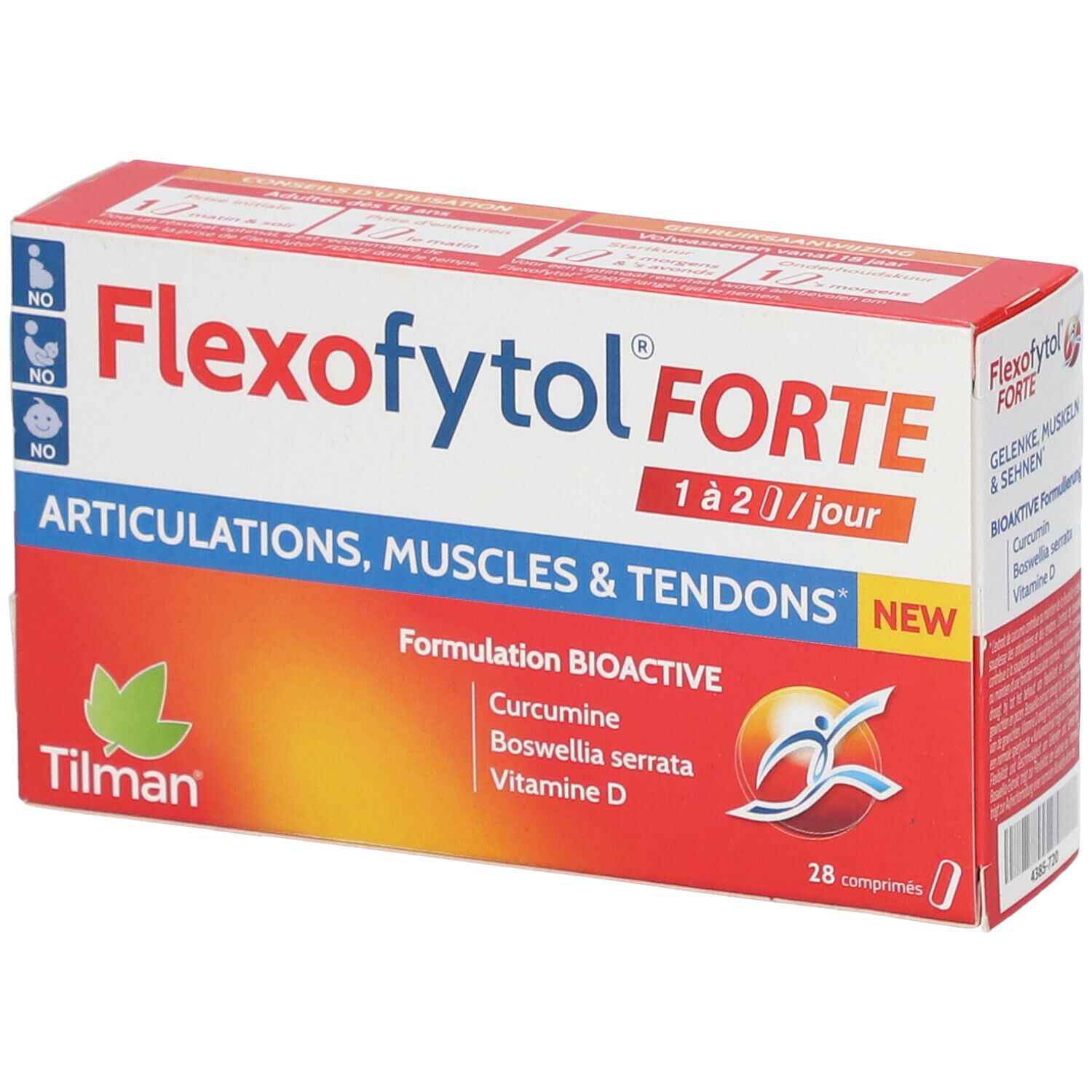 Verpakking van Flexofytol Forte. Rode en witte doos met productnaam en ingrediënten. Bevat 28 tabletten.