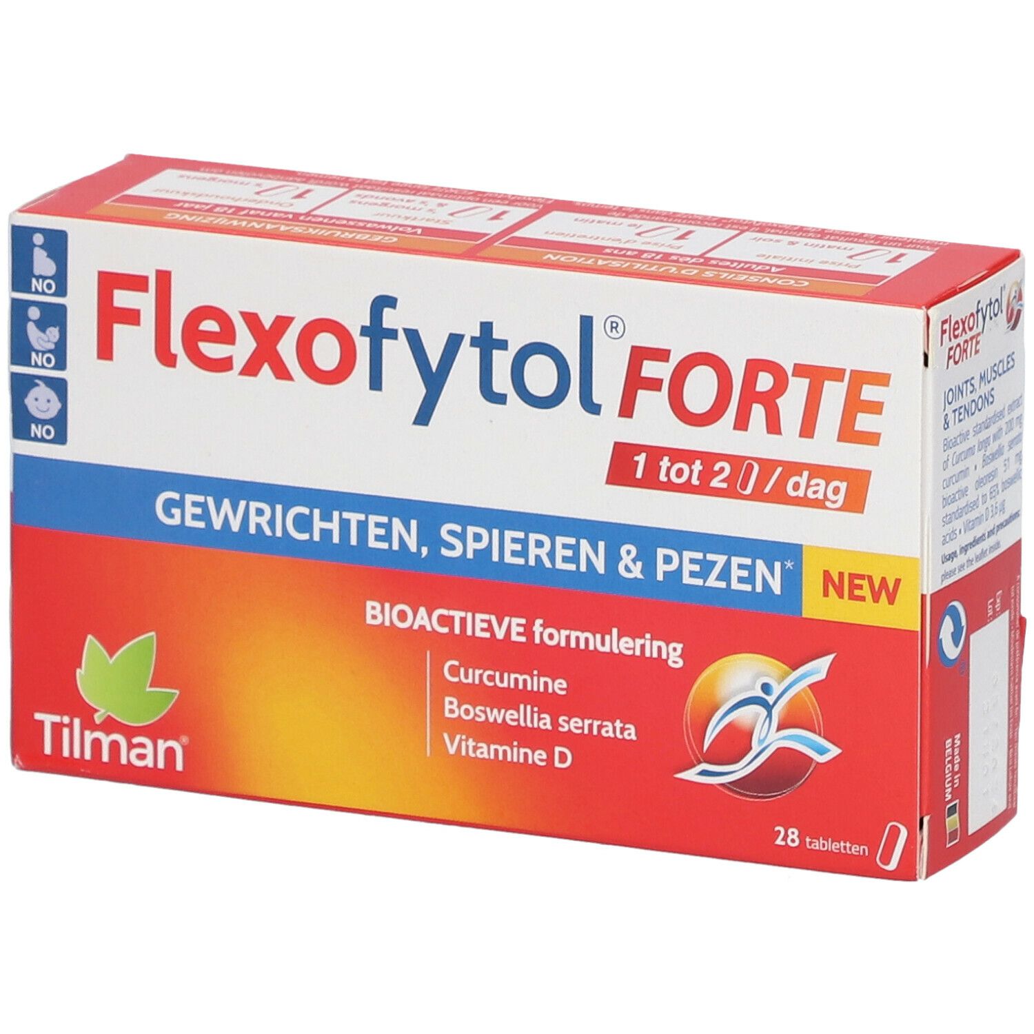 Flexofytol Forte verpakking. Rode en witte doos met productnaam en ingrediënten. Bevat 28 tabletten.