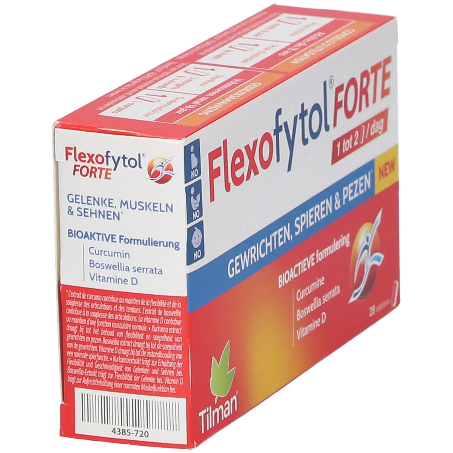 Flexofytol Forte verpakking. Rode en witte doos met productnaam en ingrediënten. Bevat 28 tabletten.